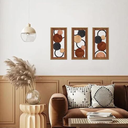KAIRNE Boho Abstract Wooden Wall Art,3 pieces Vintage Modern Wall Sculptures,Rustic Farmhouse Framed Hanging Decor,Minimalist Mid Century Wall Decor for Living Room Bedroom Kitchen Office,8X16 inch in Saudi Arabia