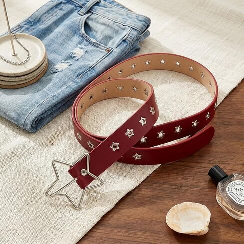 Y2K Punk PU Leather Belt for Women Red Belt for Women Star Pattern Buckle Vintage Punk Jeans Dress in Saudi Arabia