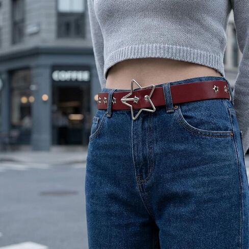Y2K Punk PU Leather Belt for Women Red Belt for Women Star Pattern Buckle Vintage Punk Jeans Dress in Saudi Arabia