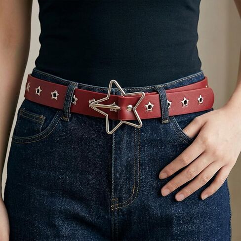 Y2K Punk PU Leather Belt for Women Red Belt for Women Star Pattern Buckle Vintage Punk Jeans Dress in Saudi Arabia