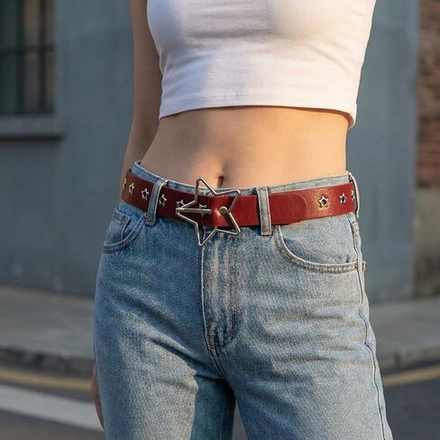 Y2K Punk PU Leather Belt for Women Red Belt for Women Star Pattern Buckle Vintage Punk Jeans Dress in Saudi Arabia