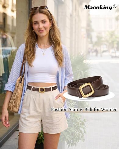 Women Skinny PU Leather Belt, 1" Thin Waist Belt with Gold Buckle for Dresses Jeans Pants in Kuwait