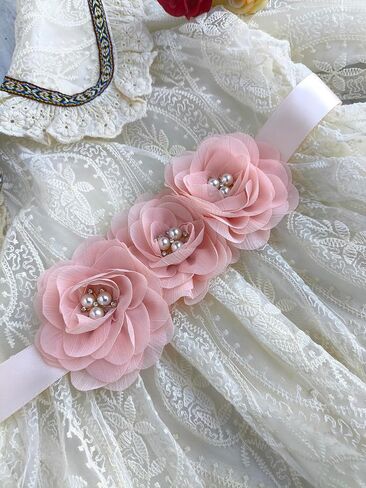 Blush Sash Belt for Girls,Flower Girl Sash Belt for Dresses,Chiffon Pearls Bridesmaid Dress Sash Belts Blush Pink in Saudi Arabia