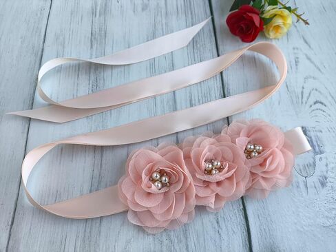 Blush Sash Belt for Girls,Flower Girl Sash Belt for Dresses,Chiffon Pearls Bridesmaid Dress Sash Belts Blush Pink in Saudi Arabia