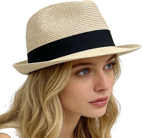 Wildarms Women's Straw Trilby Hat - Short Brim Fedora Hat with Black Band, Roll-Up Brim for Casual Style, Travel & Vacation in Saudi Arabia