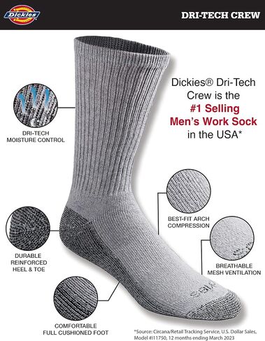جوارب Dickies الرجالية Dri-Tech Original Moisture Control Crew، متوفرة بمقاسات M-XXL (6، 12، 18 زوجًا)، رمادي (6 أزواج)، مقاس X-Large (عبوة من 3 قطع) in Kuwait