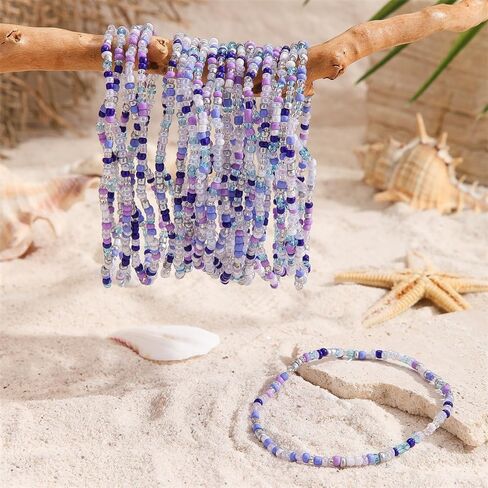 Fuqimanman2020 20 Pcs Colorful Boho Stackable Beaded Bracelets for Women Handmade Multilayered Rice Beads Anklets Set Bohemian Multicolor Glass Beaded Elastic Bracelets Summer Beach Jewelry in Kuwait