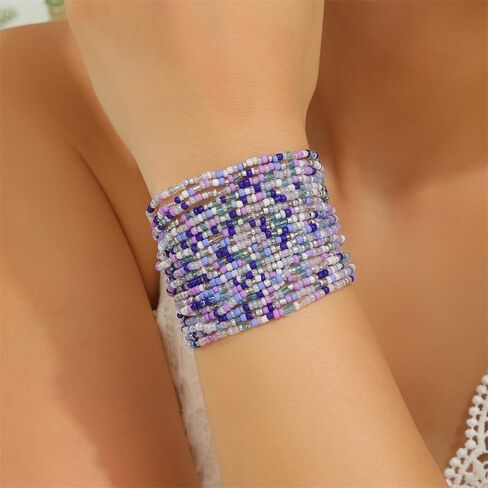 Fuqimanman2020 20 Pcs Colorful Boho Stackable Beaded Bracelets for Women Handmade Multilayered Rice Beads Anklets Set Bohemian Multicolor Glass Beaded Elastic Bracelets Summer Beach Jewelry in Kuwait