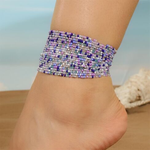 Fuqimanman2020 20 Pcs Colorful Boho Stackable Beaded Bracelets for Women Handmade Multilayered Rice Beads Anklets Set Bohemian Multicolor Glass Beaded Elastic Bracelets Summer Beach Jewelry in Kuwait