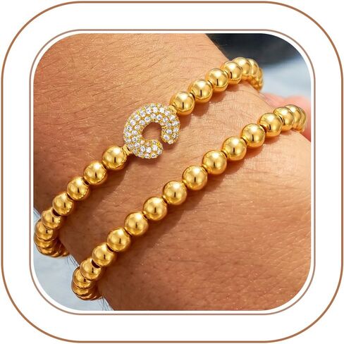 Initial Bracelet for Women-14K Gold Plated Beaded Stackable Bracelets CZ Initial A-Z Bead Bracelets Fashion Personliazed Stretch Bracelet for Friendship Birthday Jewelry Gifts in Saudi Arabia