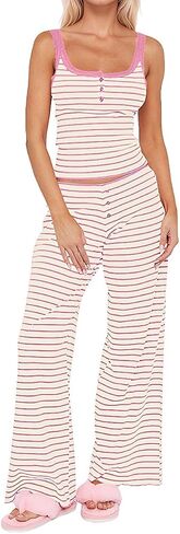Ythomm Womens Striped 2 Piece Lounge Outfits Scoop Neck Tank Tops Wide Leg Pants Pajama Sets Cozy Summer Matching Pj Sets in Saudi Arabia