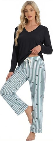 LYCY Women's Pajama Sets 2 Piece Long Sleeve V Neck Soft Sleepwear with Pockets Striped Bow Print Pjs Pants in Saudi Arabia