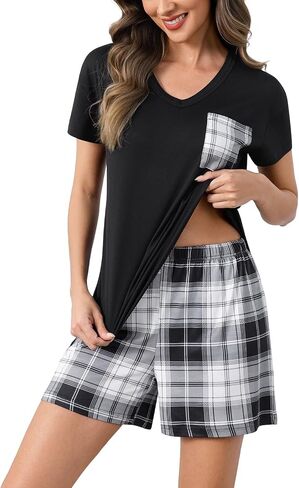 PNAEONG Womens Pajama Sets Short Sleeve V Neck Top and Plaid Shorts Lounge Sets Casual Pjs Soft Sleepwear in Saudi Arabia
