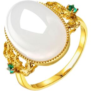 Hetian Jade Adjustable Rings Jewelry 925 Sterling Silver 18K Yellow Gold Plated White Green Jade Rings for Women - Hypoallergenic Vintage White Oval Jade Stone Statement Rings in Saudi Arabia