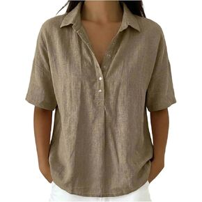 Womens Cotton Linen Shirts Solid Color Short Sleeve V Neck Collared Button Down Blouses Summer Dressy Going Out Clothes in Saudi Arabia