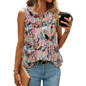 Simplee Womens Summer Sleeveless Tank Tops Chiffon V Neck Floral Tunic Top Casual Loose Blouse Shirts in Saudi Arabia