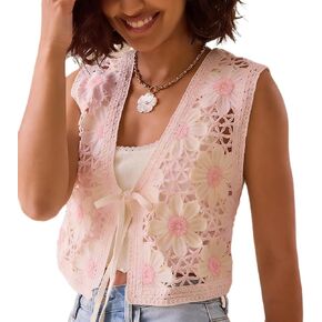 Yojeasrio Women Y2K Crochet Knit Vest Cute Tie Front Tank Top Sleeveless V Neck Crop Hollow Out Sweater Vest Going Out Tops in Saudi Arabia