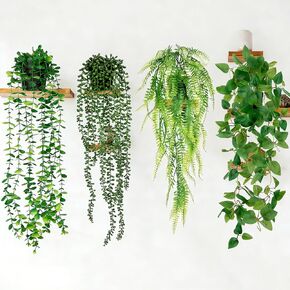 LumBelle 4 Pack Fake Hanging Plants, Artificial Hanging Plants Indoor for Shelf, Boho Faux Eucalyptus Ivy Vine for Living Room Wall Backdrop Outdoor Decor in Saudi Arabia
