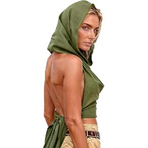 Women’s 100% Cotton Swimsuit Cover Up, Boho Backless Halter Crop Top, Raw Edge Cross Wrap Beach Tank Top in Saudi Arabia