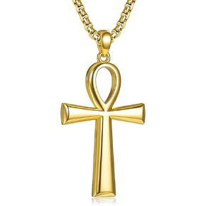14K Gold Coptic Ankh Cross Necklace, Egyptian Protection Jewelry Gifts for Men with Rolo Chain in Saudi Arabia