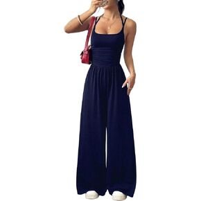 HOMEYEE Women's Jumpsuit Spaghetti Strap One Piece Outfit Summer Wide Leg Baggy Pants Romper with Pockets in Saudi Arabia
