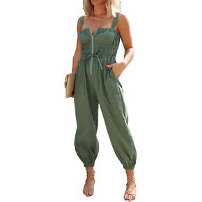 SOMTHRON Women's Cargo Jumpsuit Smocked Sleeveless Adjustable Straps Jogger Pants Zip Up Rompers Overalls in Saudi Arabia