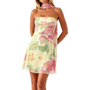 Women Strapless Floral Dress with Sarf Mesh Tube Mini Dress Summer Beach Wedding Guest in Saudi Arabia