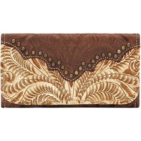 American West Hand Tooled Handcrafted 100% Genuine Leather Tri-Fold Wallet for Women Credit Card Slots Cash Pocket and Clear ID Holder Western (Distressed Cream) in Saudi Arabia