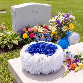 Memorial Birthday Grave Decorations Cemetery Fake Cake with Flower and Sticks Happy Heavenly Birthday Decorations for Gravesite Headstones Memorial Gift 8.27x 5.12 Inches(Blue) in Saudi Arabia