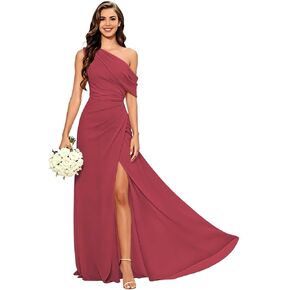 KDTM Chiffon One Shoulder Bridesmaids Dresses for Women Long Mermaid Pleated Formal Evening Dress with Slit in Saudi Arabia