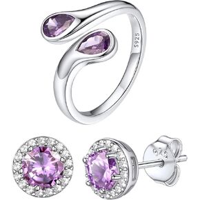 Bestyle Sterling Silver Birthstone Earrings & Rings Set, June Purple Alexandrite Earrings for Women in Saudi Arabia