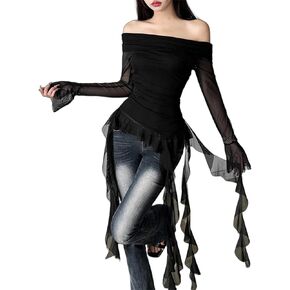 win2win Flowy Off the Shoulder T Shirt for Women - Ruffle Bell Long Sleeve Gothic Punk Tee, Sheer Mesh Top for Club Dance in Saudi Arabia