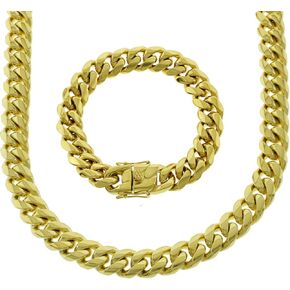 الصلبة 14K الذهب الأصفر الانتهاء من الفولاذ المقاوم للصدأ الثقيلة 14mm سميكة ميامي الكوبي ربط سلسلة مربع قفل قفل قلادة 18-30 بوصة سوار 8-10 بوصة in Kuwait