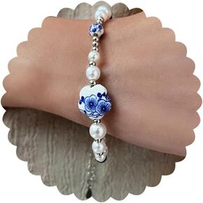Cute Flower Bracelet for Women Dainty Pearl Bead Ball Bracelets Adjustable Sweet Chain Link Bracelet Vintage Blue and White Porcelain Bracelets Fashion Trendy Birthday Christmas Jewelry Gift in Kuwait