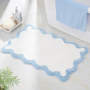 Luxury Cute Bathroom Rugs, White Bath Mat W/Blue Scalloped Edge, Microfiber Aesthetic Trendy Funky Fun Preppy Rug, Extra Soft Bathroom Mat Non-Slip for Tub, Shower, and Bath Room 30'' x 20'' in Saudi Arabia