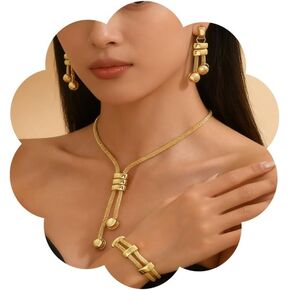 Gold Long Choker Necklace Set for Women Cuban Bracelet Earrings Y Necklace Fashion Chain Jewelry Accessories in Saudi Arabia