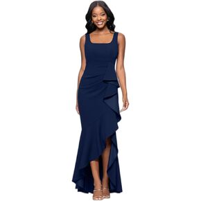 Betsy & Adam Women's Floor-Length, Sleeveless, Ruffle Detail, with Mermaid Silhouette, Navy, 8 in Saudi Arabia