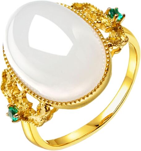 Hetian Jade Adjustable Rings Jewelry 925 Sterling Silver 18K Yellow Gold Plated White Green Jade Rings for Women - Hypoallergenic Vintage White Oval Jade Stone Statement Rings in Saudi Arabia