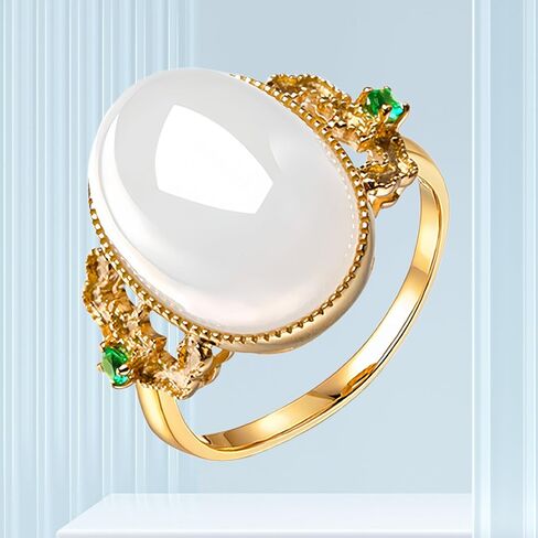 Hetian Jade Adjustable Rings Jewelry 925 Sterling Silver 18K Yellow Gold Plated White Green Jade Rings for Women - Hypoallergenic Vintage White Oval Jade Stone Statement Rings in Saudi Arabia