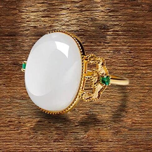 Hetian Jade Adjustable Rings Jewelry 925 Sterling Silver 18K Yellow Gold Plated White Green Jade Rings for Women - Hypoallergenic Vintage White Oval Jade Stone Statement Rings in Saudi Arabia