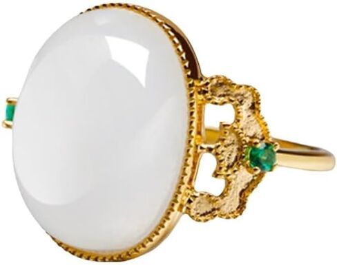 Hetian Jade Adjustable Rings Jewelry 925 Sterling Silver 18K Yellow Gold Plated White Green Jade Rings for Women - Hypoallergenic Vintage White Oval Jade Stone Statement Rings in Saudi Arabia