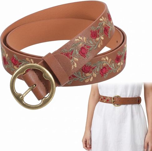 Boho Belt for Women Brown Adjustable Embroidered Floral Waist Belt with Buckle Vintage Ethnic Statement Dress and Jeans Accessory Handmade Flower Design in Kuwait