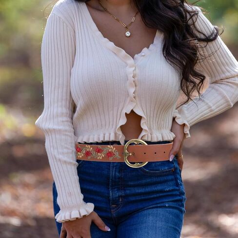 Boho Belt for Women Brown Adjustable Embroidered Floral Waist Belt with Buckle Vintage Ethnic Statement Dress and Jeans Accessory Handmade Flower Design in Kuwait