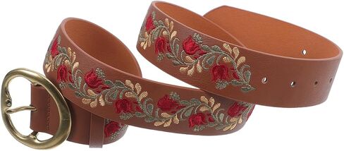 Boho Belt for Women Brown Adjustable Embroidered Floral Waist Belt with Buckle Vintage Ethnic Statement Dress and Jeans Accessory Handmade Flower Design in Kuwait