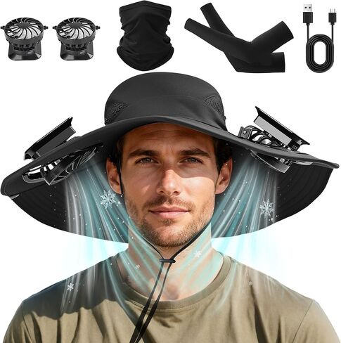 Solar Fan Hat with Detachable Fan, UPF 50+ Wide Brim Sun Hat with Face Mask and Arm Sleeves, 3 Speed USB &Solar Powered Fan in Saudi Arabia