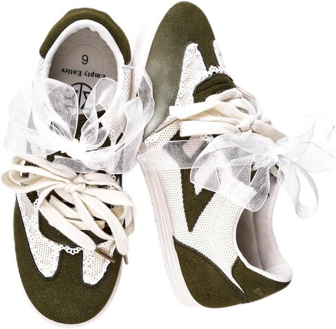 Women's Lace Detail Casual Sneakers - Elegant Ribbon Lace-Up with Cushioned Arch Support, Breathable Knit & Lightweight Thin Sole for All-Day Comfort Walking in Saudi Arabia