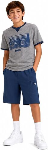 DKNY Boys Shorts Set - 2 Piece Soft Cotton Blend Short Sleeve Jersey Shirt and Fleece Shorts for Boys with Elastic Waistband in Saudi Arabia