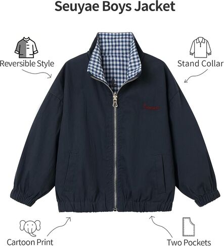 Boys Reversible Jacket Plaid Cartoon Print Long Sleeve Zip Up Jackets with Pockets 2-6Y in Saudi Arabia
