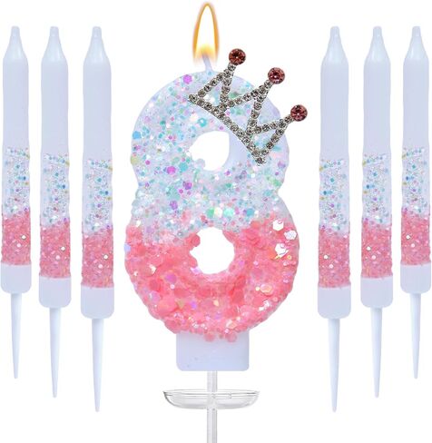 Pink Number 5 Birthday Candles, with and 6 Matching Candles, Crown Cake Topper Princess Birthday Party Decorations Cupcake Topper Party Favors Decor Supplies (Pink, Number 5) in Saudi Arabia