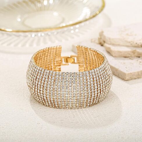 Sparkly Silver/Gold Rhinestone Bracelet for Women Chunky Bangle Bracelets Wedding Jewelry in Saudi Arabia